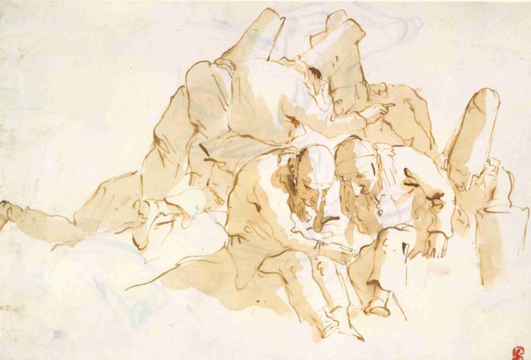 A Group of Punchinelli Seated,Giovanni Battista Tiepolo,Sketch,Sketch, monochrome, sleeping, 1girl