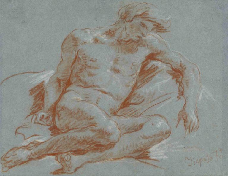 A Seated Male Nude,Giovanni Battista Tiepolo,Sketch,Sketch, male focus, 1boy, solo, monochrome, nude, sitting