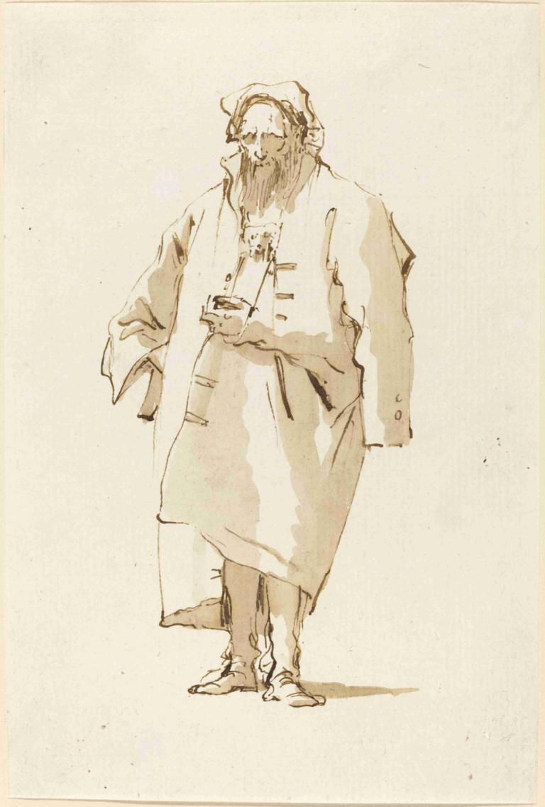 A Standing Oriental Wearing a Greatcoat,Giovanni Battista Tiepolo,Sketch,Sketch, 1boy, solo, male focus, old