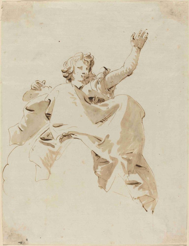 A Woman Seated on a Cloud, Seen from Below,Giovanni Battista Tiepolo,Sketch,Sketch, monochrome, sepia, 1boy