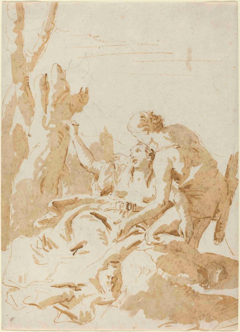 Angelica and Medoro,안젤리카와 메도로,Giovanni Battista Tiepolo,지오바니 바티스타 티에폴로,스케치,스케치, 여자 1명, 단색화, 가슴, 젖꼭지, 호랑이