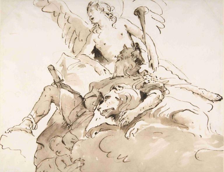 Apotheosis of a Warrior,전사의 신격화,Giovanni Battista Tiepolo,지오바니 바티스타 티에폴로,스케치,스케치, 단색화, 여자 1명, 날개, 1남, 젖꼭지, 무기