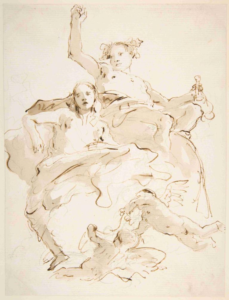 Bacchus and Ariadne,巴克斯和阿里阿德涅,Giovanni Battista Tiepolo,乔瓦尼-巴蒂斯塔-蒂埃波罗,素描,素描, 单色, 草图, 1个女孩, 棕色主题, 美术模仿