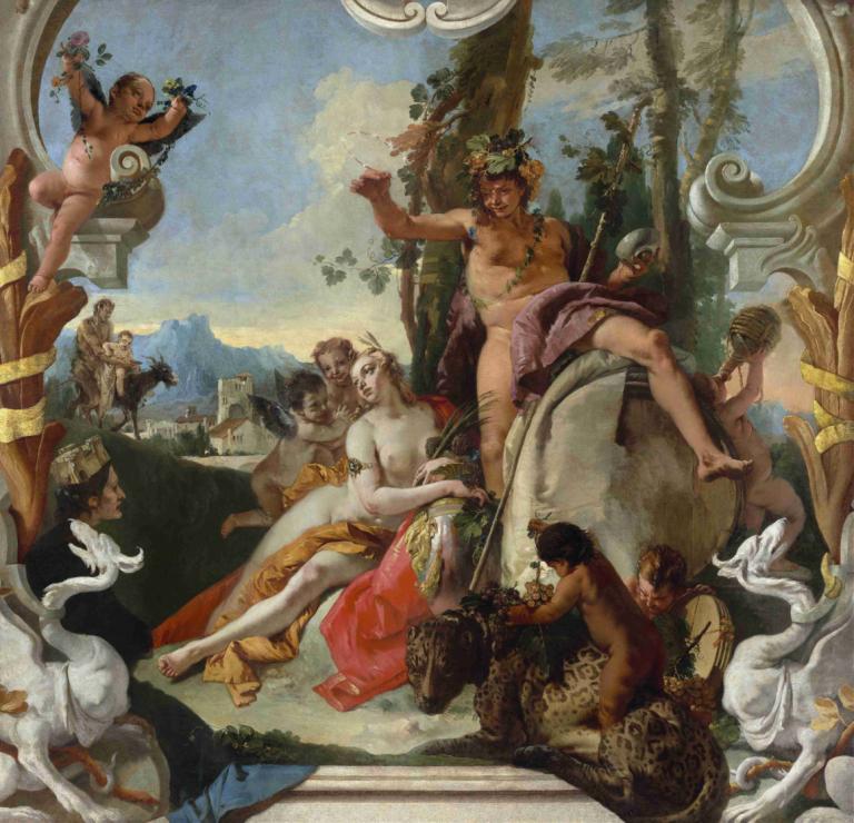 Bacchus and Ariadne,巴克斯和阿里阿德涅,Giovanni Battista Tiepolo,乔瓦尼-巴蒂斯塔-蒂埃波罗,油画,油画, 美术模仿, 戏仿, 多个男孩, 裸体, 假传统媒体, 实际的