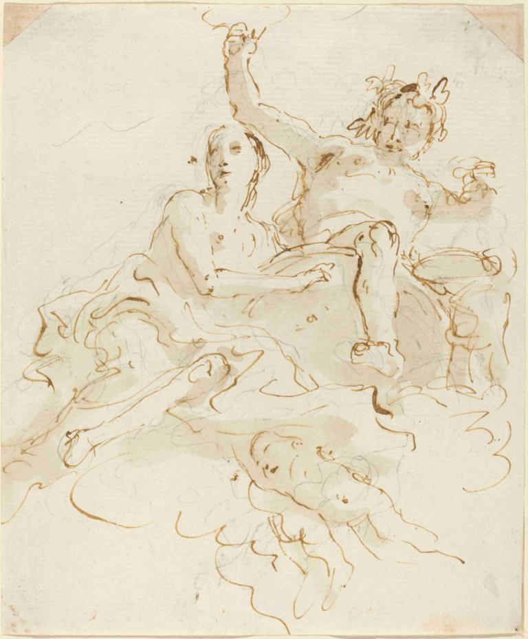 Bacchus and Ariadne,巴克斯和阿里阿德涅,Giovanni Battista Tiepolo,乔瓦尼-巴蒂斯塔-蒂埃波罗,素描,素描, 单色, 多个男孩, 美术模仿, 男性焦点, 草图, 乳头