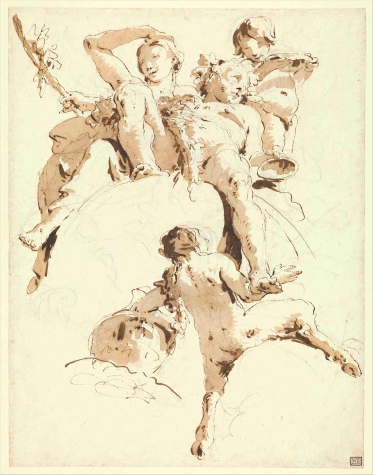 Bacchus and Ariadne,巴克斯和阿里阿德涅,Giovanni Battista Tiepolo,乔瓦尼-巴蒂斯塔-蒂埃波罗,素描,素描, 单色, 赤脚, 多个男孩, 1个女孩, 乐器, 棕褐色, 传统媒体