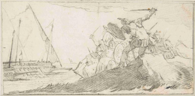 Battle by the Sea Coast,海滨战役,Giovanni Battista Tiepolo,乔瓦尼-巴蒂斯塔-蒂埃波罗,素描,素描, 船只, 船, 武器, 船, 单色, 传统媒体, 多个男孩, 剑