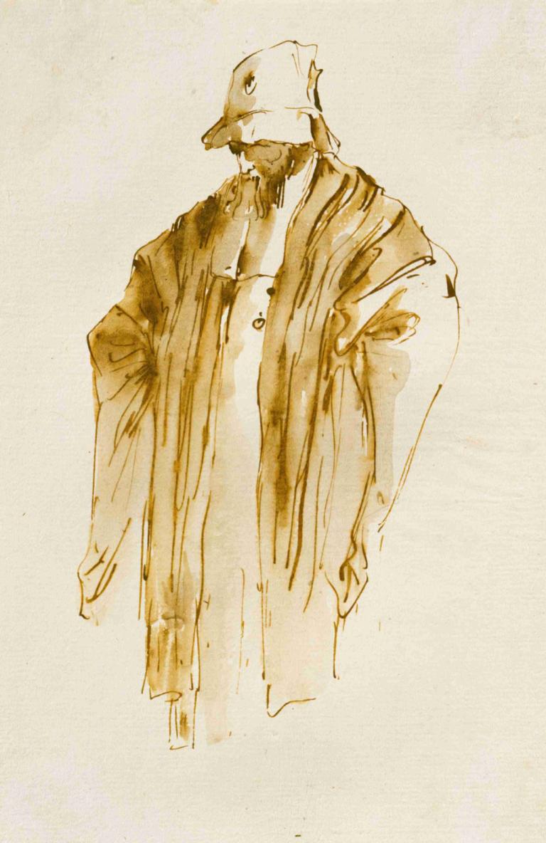 Bearded Man Looking Down to the Left,大胡子男子左顾右盼,Giovanni Battista Tiepolo,乔瓦尼-巴蒂斯塔-蒂埃波罗,素描,素描, 独奏, 帽子, 单色, 1男孩