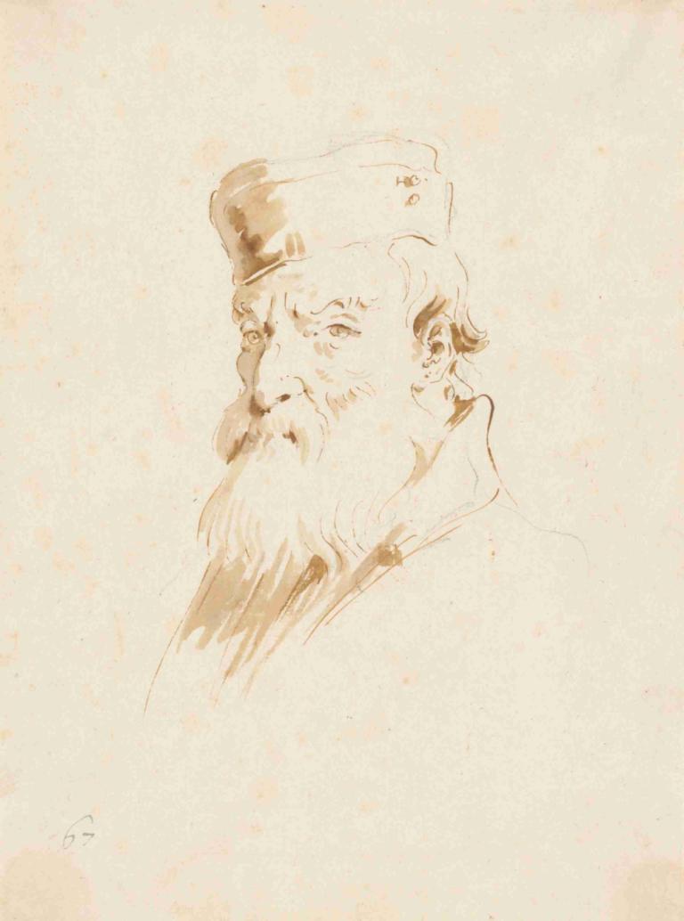 Bearded Man Wearing a Cap,戴帽子的大胡子,Giovanni Battista Tiepolo,乔瓦尼-巴蒂斯塔-蒂埃波罗,素描,素描, 帽子, 老的, 1男孩, 男性焦点, 单色, 独奏