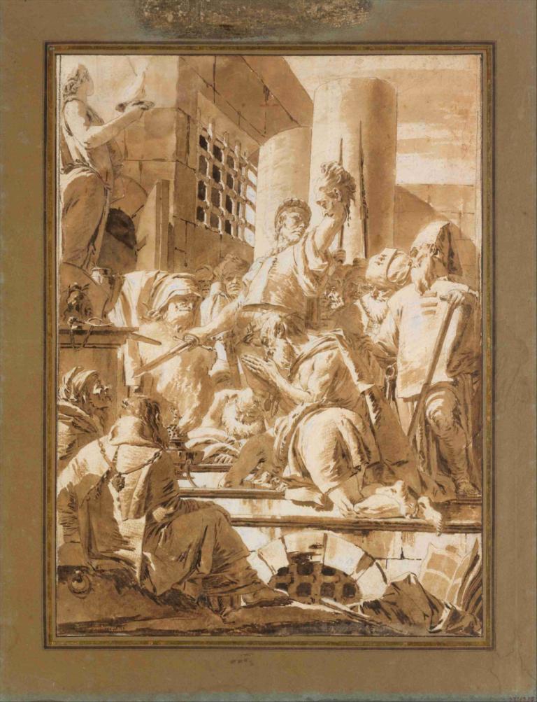 Beheading of Two Male Saints,两名男圣徒被斩首,Giovanni Battista Tiepolo,乔瓦尼-巴蒂斯塔-蒂埃波罗,铜版画,铜版画, 多个男孩, 棕褐色, 单色, 6+男孩