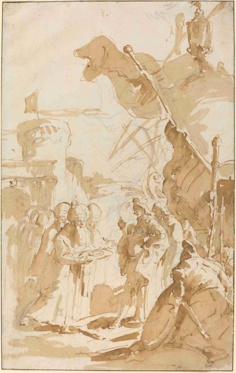 Capitulation of a Town,마을 항복,Giovanni Battista Tiepolo,지오바니 바티스타 티에폴로,동판 에칭,동판 에칭, 단색화, 갈색 테마, 세피아, 여러 소년