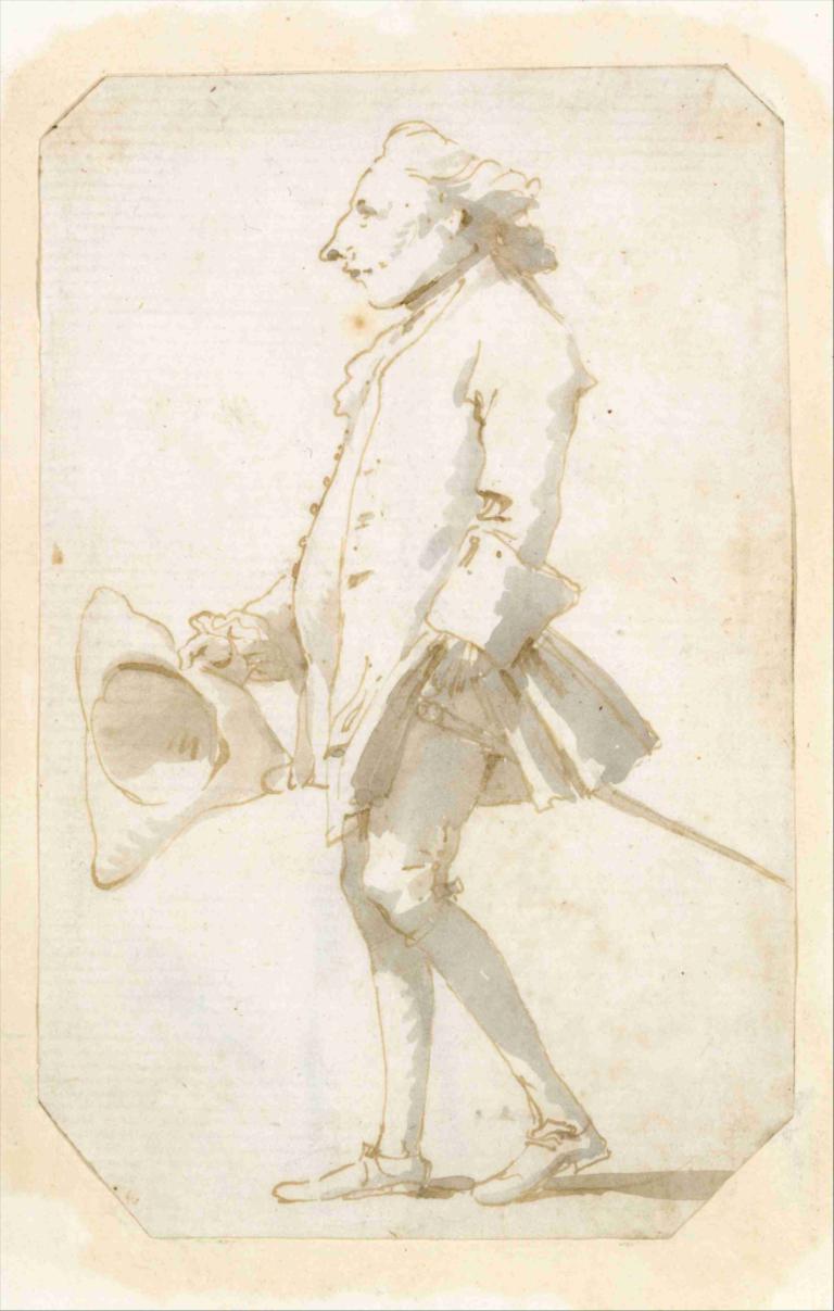 Caricature of a Man Holding a Tricorne, Walking to the Left,왼쪽으로 걷는 삼지창을 들고 있는 남자의 캐리커처