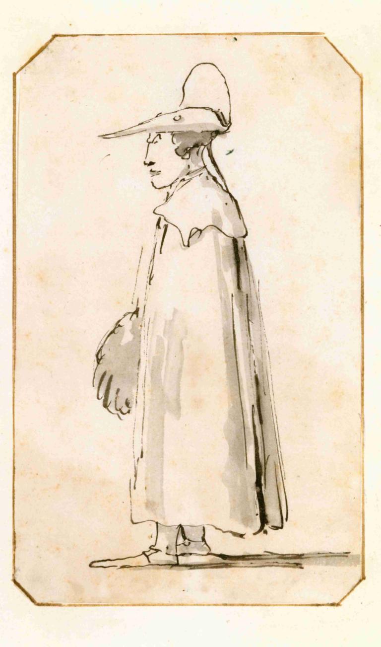 Caricature of a Man in a Long Cloak, Standing in Profile to the Left,긴 망토를 두른 남자의 캐리커처, 왼쪽으로 비스듬히 서 있는 모습