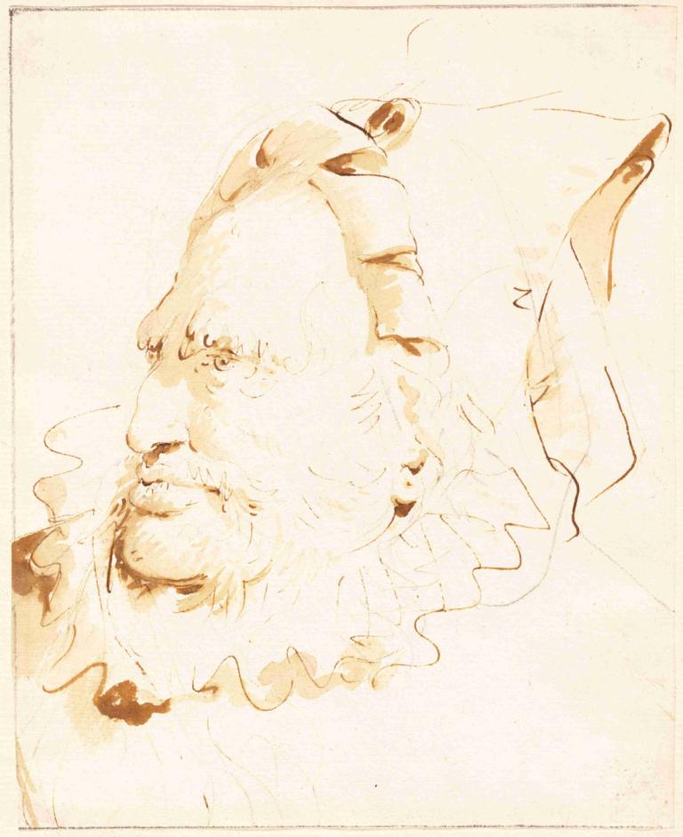 Head of a Magician,Cabeza de mago,Giovanni Battista Tiepolo,Bosquejo,Bosquejo, monocromo, solo, vello facial