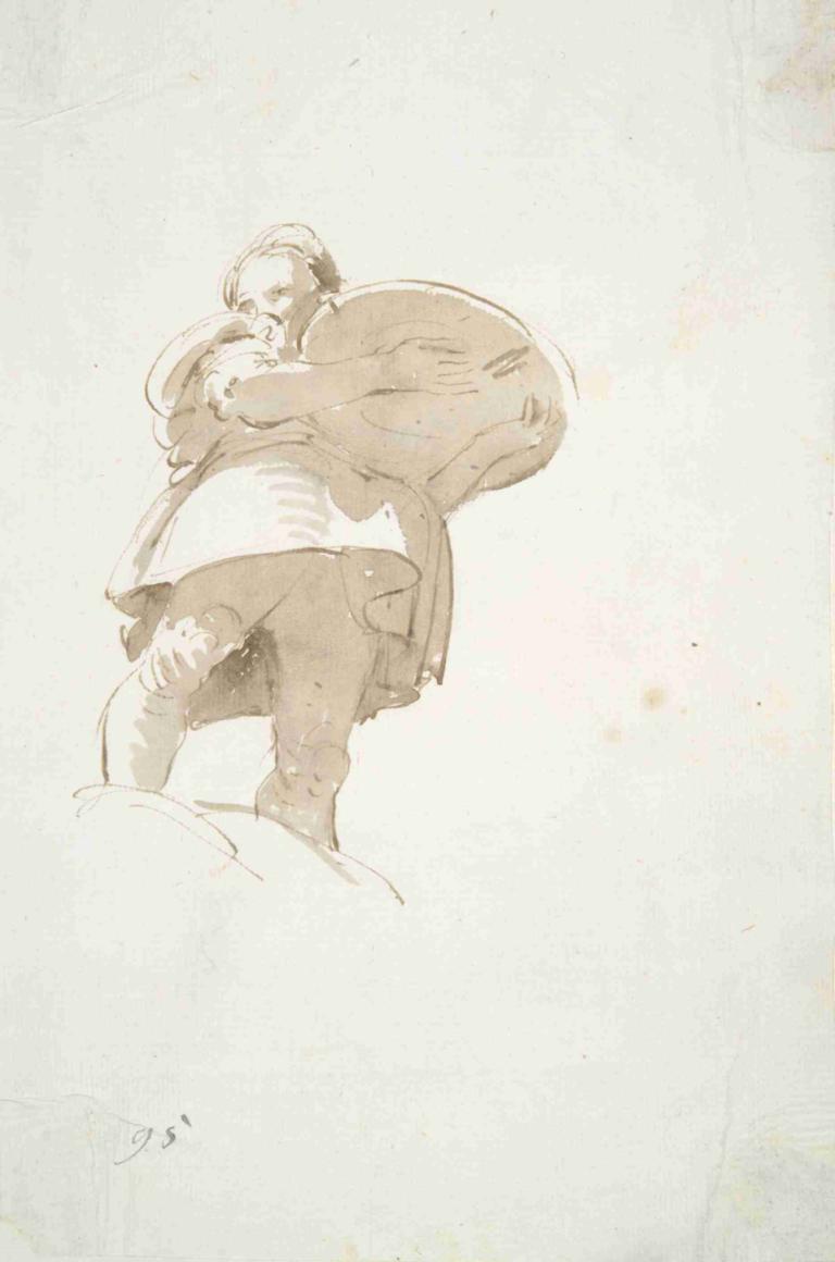 Male figure carrying a tray, seen from below,Figura masculina que lleva una bandeja, vista desde abajo