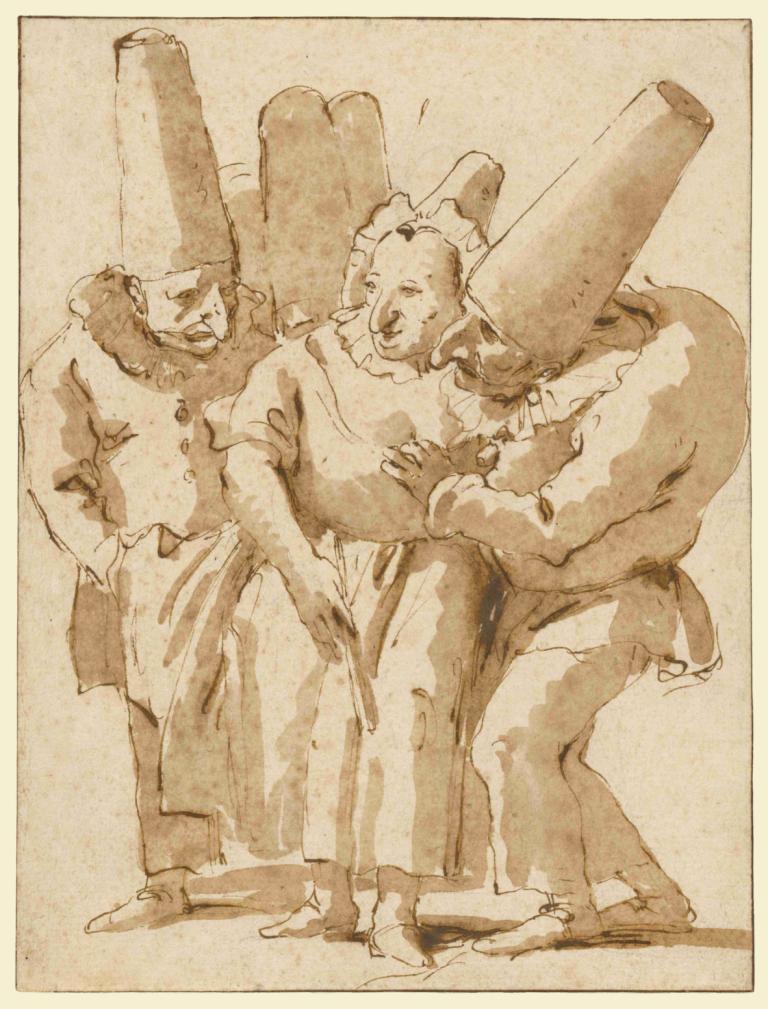 Punchinellos Approaching a Woman,Punchinellos närmar sig en kvinna,Giovanni Battista Tiepolo