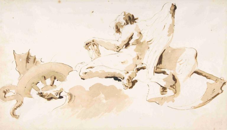 Seated Figure of Time,Sedící postava času,Giovanni Battista Tiepolo,Náčrt,Náčrt, černobílý, sépie, 1 dívka