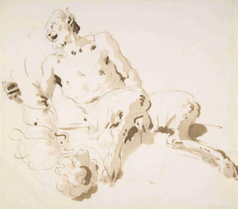 Seated Satyr Holding a Garland,Sedící satyr držící girlandu,Giovanni Battista Tiepolo,Náčrt,Náčrt, sólo