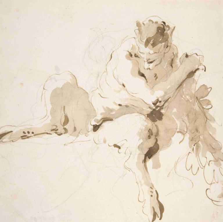 Seated Satyr Holding a Garland.,Sedící satyr držící girlandu.,Giovanni Battista Tiepolo,Náčrt,Náčrt