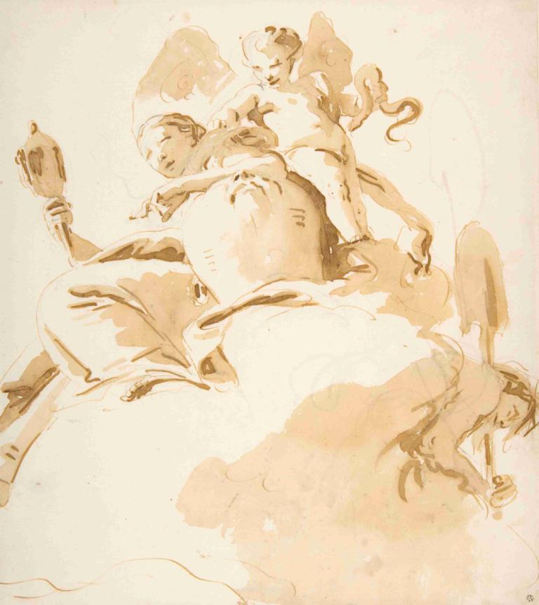 Seated Woman with a Winged Putto,Sedící žena s okřídleným puttem,Giovanni Battista Tiepolo,Náčrt,Náčrt