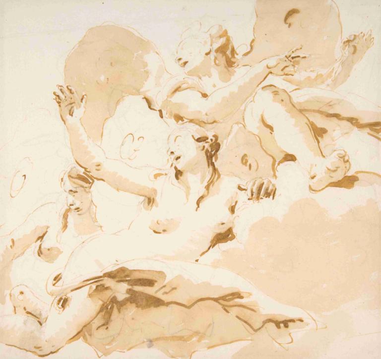 Three Winged Female Figures,Trei figuri feminine înaripate,Giovanni Battista Tiepolo,Schiță,Schiță, monocrom