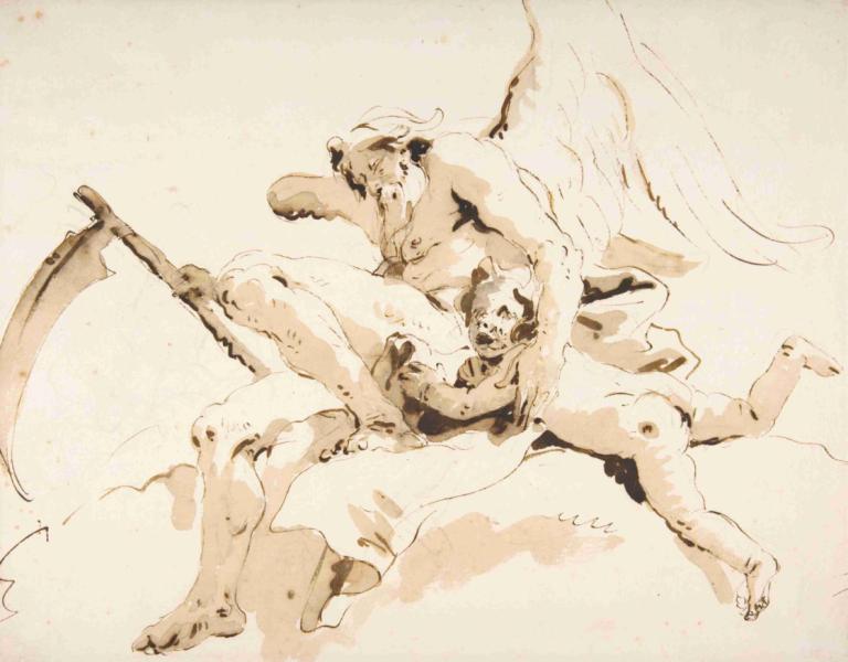 Time Seated, Clutching a Putto,Tid siddende, greb en putto,Giovanni Battista Tiepolo,Skitse,Skitse, monokrom