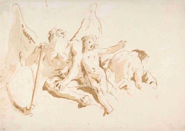 Time Seated, with Two Attendant Figures,Tid siddende, med to ledsagerfigurer,Giovanni Battista Tiepolo,Skitse