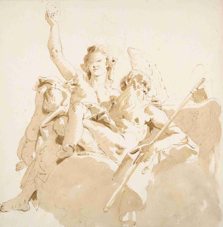 Time and Truth.,Tid og Sandhed.,Giovanni Battista Tiepolo,Skitse,Skitse, vinger, monokrom, nøgen, Engel