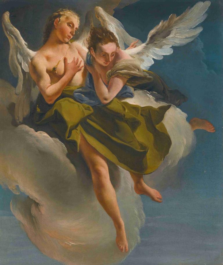 Two Angels In Flight,Dos ángeles en vuelo,Giovanni Battista Tiepolo,Pintura al óleo,Pintura al óleo