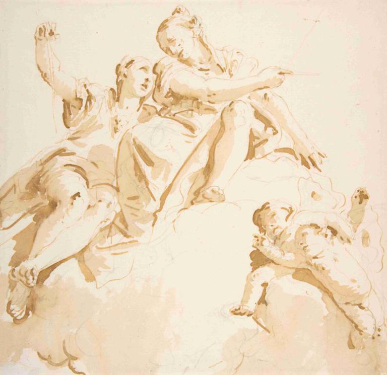 Two Women Seated on a Cloud, and Two Putti,Dos mujeres sentadas en una nube y dos putti