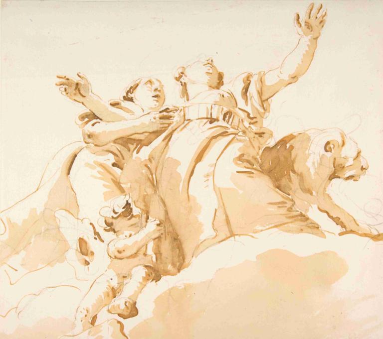 Two Women, a Lion, and a Putto on Clouds,To kvinder, en løve og en putto på skyer,Giovanni Battista Tiepolo