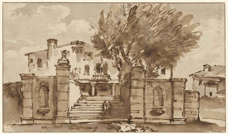 View of a Villa,Pohled na vilu,Giovanni Battista Tiepolo,Mědirytinový lept,Mědirytinový lept, černobílý, nebe