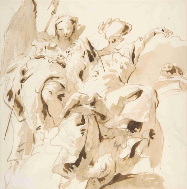 Virtue Crowning a Bearded Man,Ctnost korunující vousatého muže,Giovanni Battista Tiepolo,Náčrt,Náčrt