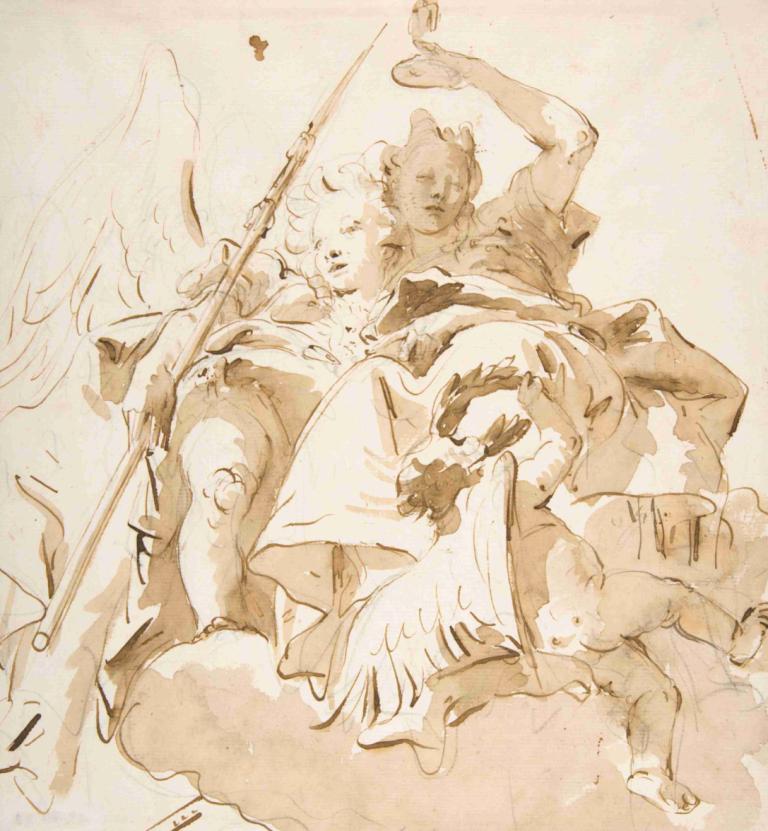 Virtue and Nobility,Dyd og Adel,Giovanni Battista Tiepolo,Skitse,Skitse, monokrom, vinger, flere drenge