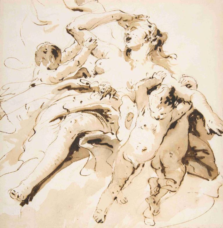 Woman Transported by Three Putti,Žena přepravovaná třemi putti,Giovanni Battista Tiepolo,Náčrt,Náčrt