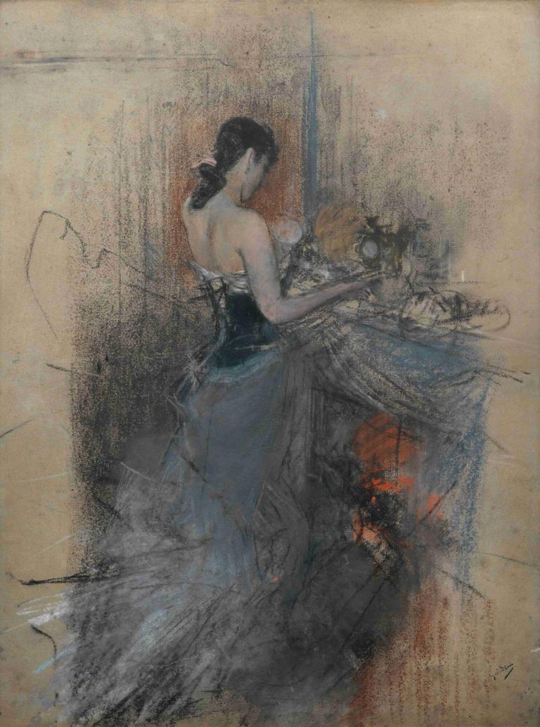 By The Fireside,Ved ildstedet,Giovanni Boldini,Oliemaleri,Oliemaleri, 1 pige, sort hår, solo, bryster