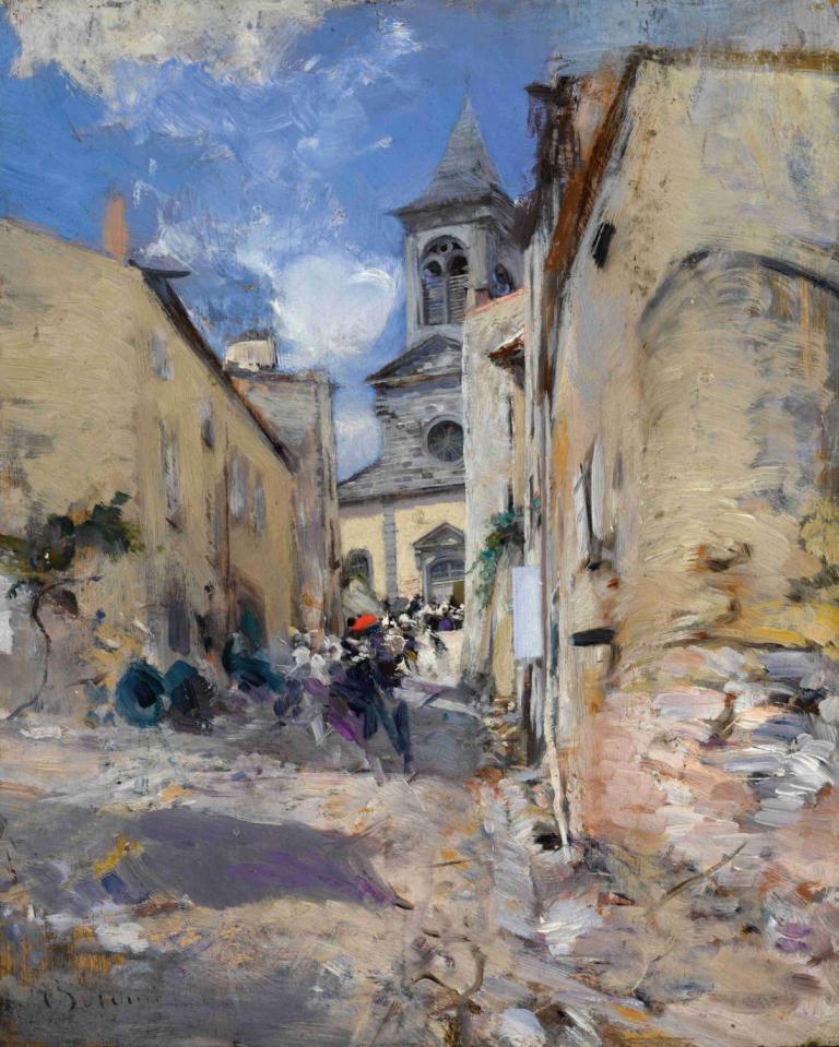 Chiesa Di Paese [L'uscita Dalla Messa],Загородная церковь [Выход с мессы].,Giovanni Boldini,Джованни Болдини