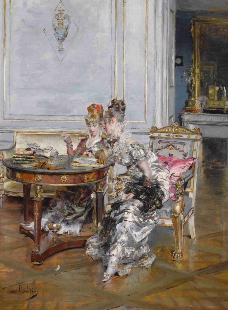 Confidences,Vertrouwelijkheden,Giovanni Boldini,Olieverf,Olieverf, jurk, zitten, binnenshuis, stoel