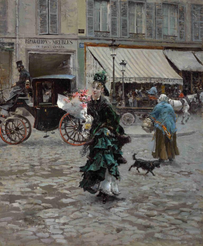 Crossing The Street,Διασχίζοντας το δρόμο,Giovanni Boldini,Ελαιογραφία,Ελαιογραφία, όχημα εδάφους, καπέλο