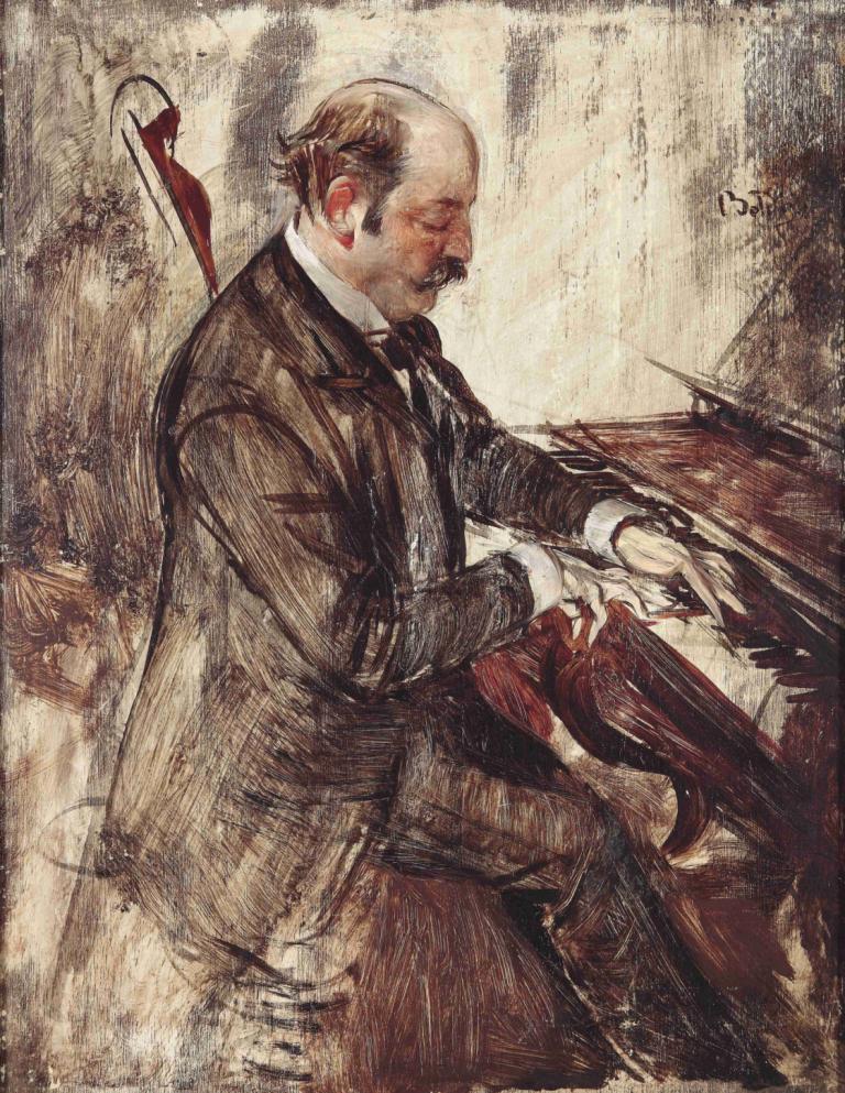 Der Pianist,Giovanni Boldini,Oil Painting,Oil Painting, 1boy, solo, male focus, formal, suit, earrings