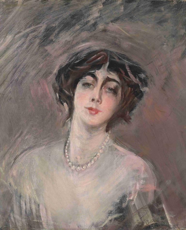 Donna Franca Florio,Giovanni Boldini,Oil Painting,Oil Painting, 1girl, solo, jewelry, necklace, short hair