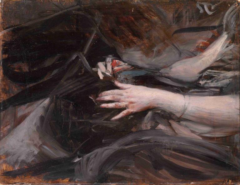 Frauenhände beim Nähen,妇女的缝纫之手,Giovanni Boldini,乔瓦尼-博尔迪尼,油画,油画, 黑发, 1个女孩, 独奏, 长发