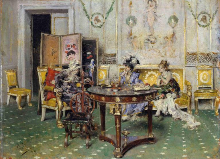 Gossip,Giovanni Boldini,Oil Painting,Oil Painting, table, multiple boys, sitting, black hair, chair