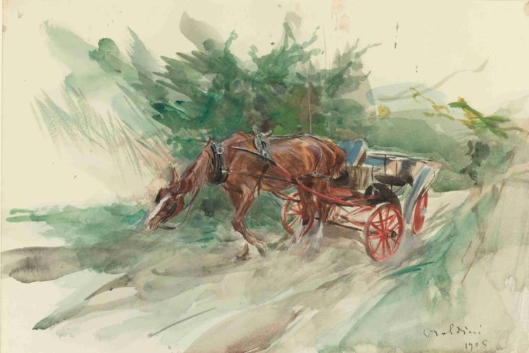 Horse And Carriage,馬と馬車,Giovanni Boldini,ジョバンニ・ボルディーニ,油絵,油絵, ライディング, 絵画（中）, 従来のメディア, 人間がいない, 地上車両, 馬, 屋外