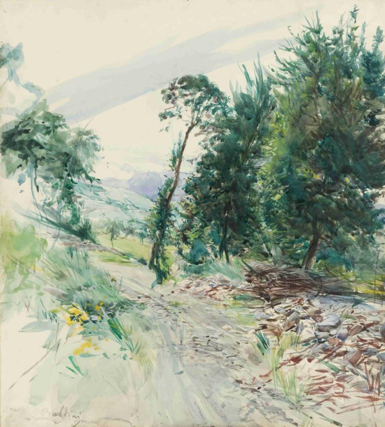 La Route,Giovanni Boldini,Oil Painting,Oil Painting, no humans, tree, scenery, outdoors, grass, nature