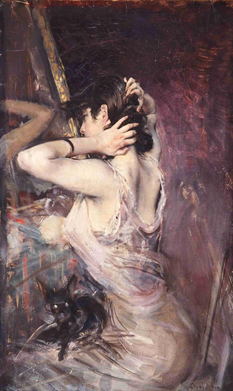 La Toilette,화장실,Giovanni Boldini,지오바니 볼디니,오일 페인팅,오일 페인팅, 여자 1명, 드레스, 흑발, 독주, 하얀 드레스, 좌석, 가슴, 고양이