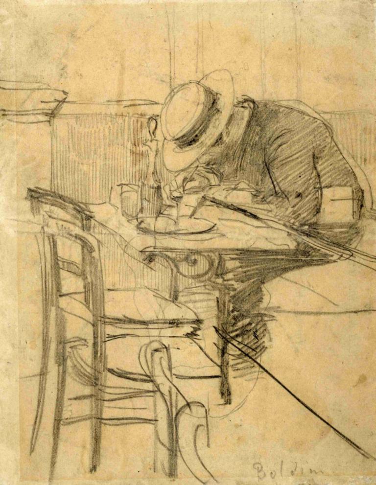 Le peintre Helleu assis à une terrasse de café,Giovanni Boldini,Sketch,Sketch, hat, monochrome, table, 1boy