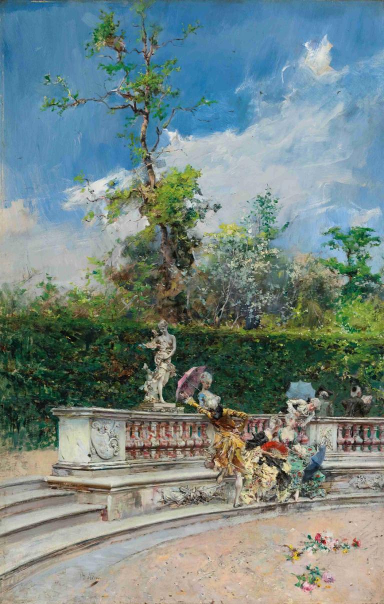 Les Dômes [Versailles],Giovanni Boldini,Oil Painting,Oil Painting, outdoors, tree, sky, day, scenery, hat