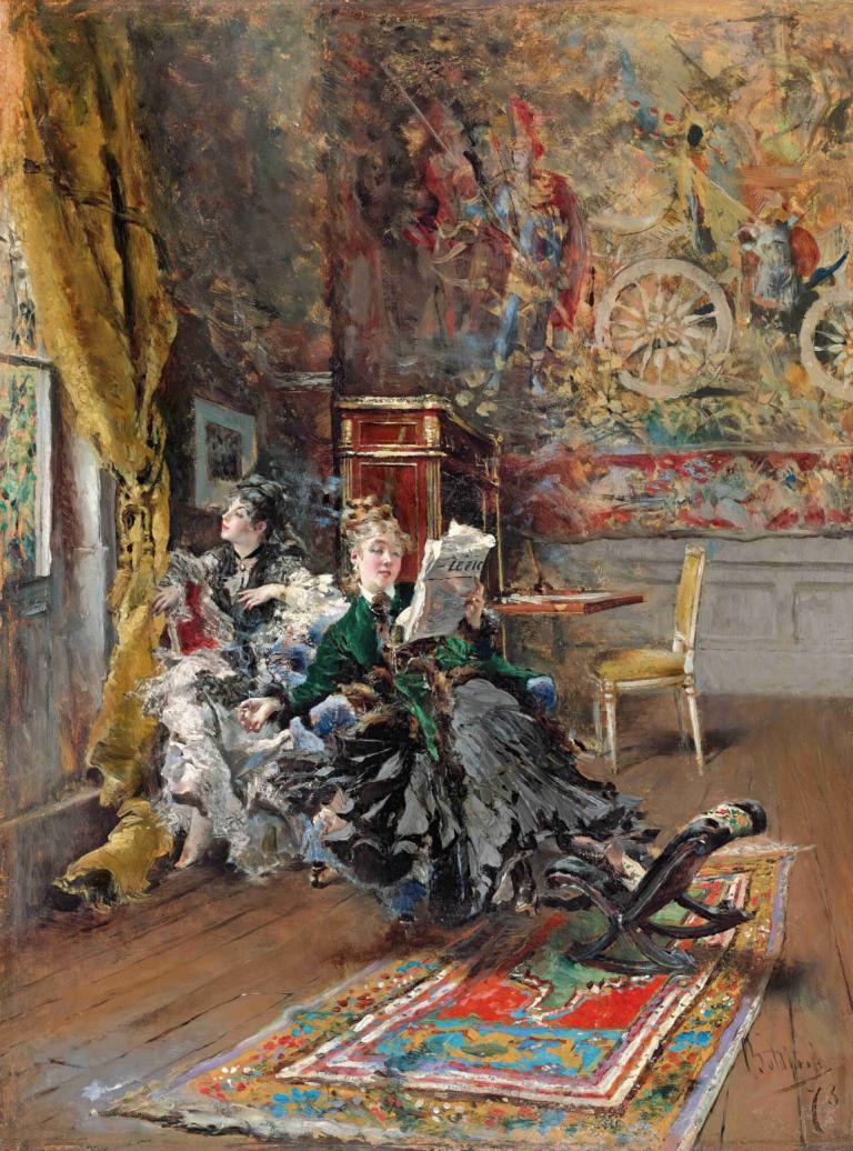 Les Parisiennes,Giovanni Boldini,Oil Painting,Oil Painting, sitting, multiple girls, painting (object), dress