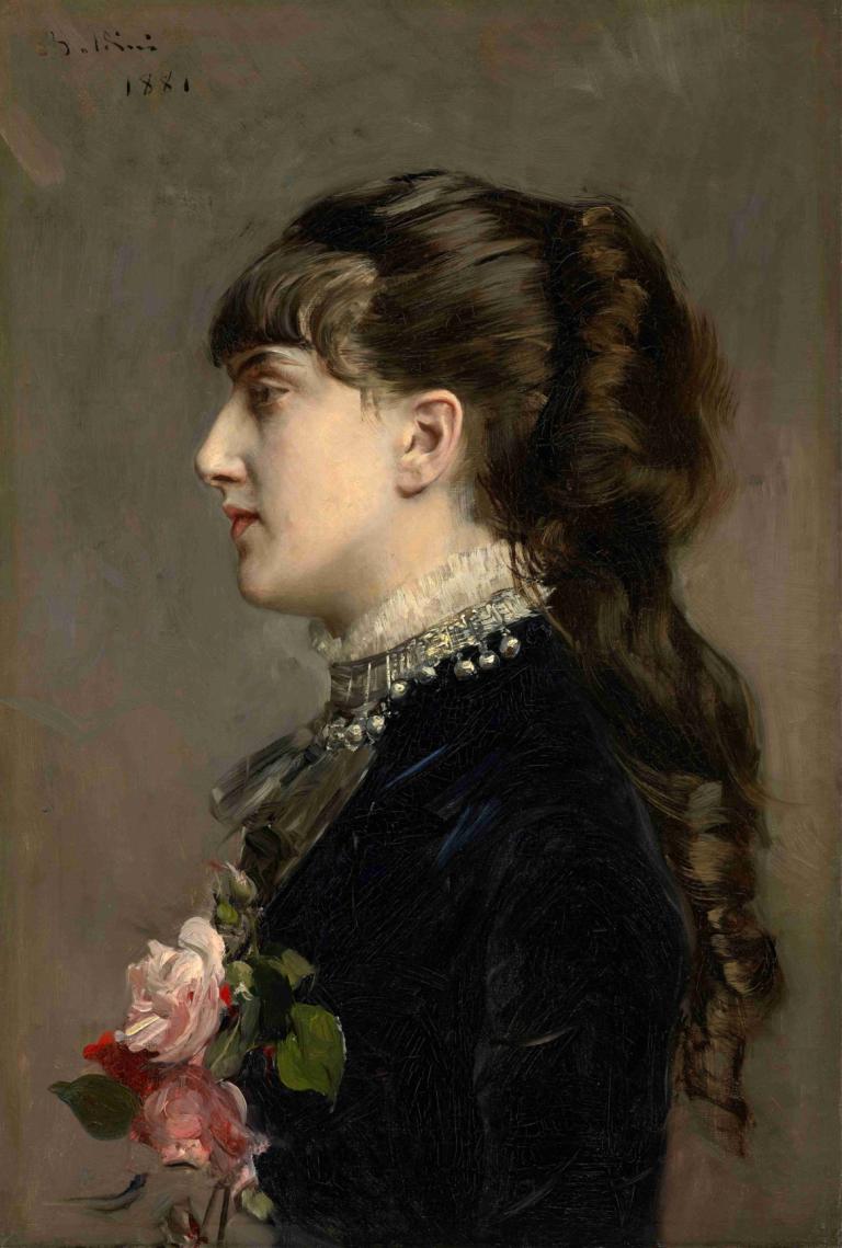 Madame Céline Leclanché,Giovanni Boldini,Oil Painting,Oil Painting, 1girl, solo, flower, profile, long hair